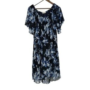 Joie De Vivre 3X Blue Floral‎ Short Sleeve Pullover Shift Dress Sheer fairy